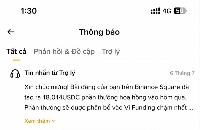 A screenshot of a Binance notification in Vietnamese, dated 6 Tháng 7, congratulating the user on earning 18.014 USDC commission reward from a post on Binance Square.
