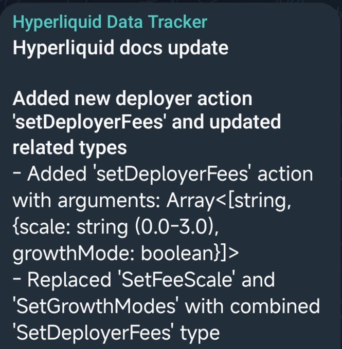 The image shows a "Hyperliquid Data Tracker" update announcing a new `setDeployerFees` deployer action with arguments for scale (0.0-3.0) and growthMode (boolean), replacing the previous `SetFeeScale` and `SetGrowthModes` types. This relates to the post by highlighting how Hyperliquid is expanding revenue streams through new HIP-3 deployment features, which would benefit $HYPE alongside upcoming USDC-based revenue additions.