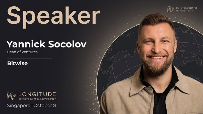 Promotional graphic featuring Yannick Socolov, Head of Ventures at Bitwise, as a speaker at the Longitude event by Cointelegraph in Singapore on October 8, showcasing him with a friendly smile alongside event branding. The post highlights his 15+ years of experience in crypto and fintech, noting his current role leading Onchain Special Projects at Bitwise Asset Management.