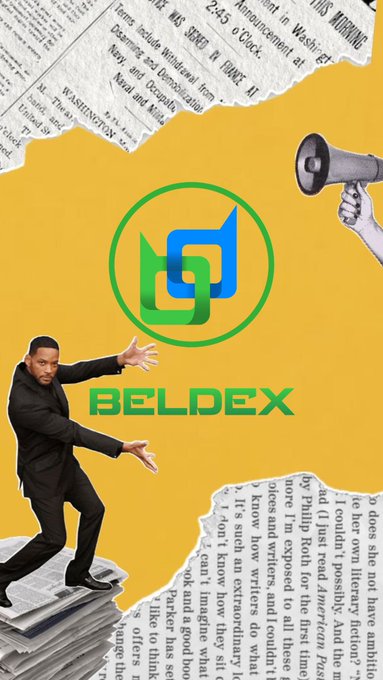 A promotional graphic for 'BELDEX' shows a man in a suit leaping from a stack of newspapers while a hand holding a megaphone emerges from the opposite side.