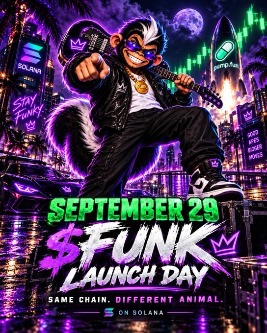 A vibrant promotional poster features an anthropomorphic skunk character wearing sunglasses and a leather jacket, holding a guitar, with text reading 'SEPTEMBER 29 $FUNK LAUNCH DAY', 'SAME CHAIN. DIFFERENT ANIMAL.', and 'ON SOLANA' alongside logos for Solana and pump.fun.