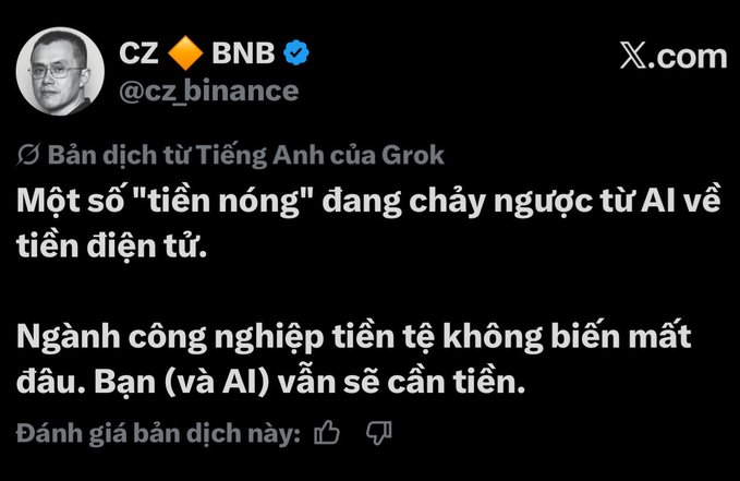 A screenshot of a Grok-translated tweet from CZ Binance (@cz_binance) stating in Vietnamese that some 'hot money' is flowing back from AI to crypto, and that the crypto industry isn't going anywhere because people (and AI) still need money.