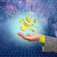 A hand in a checkered sleeve holds out a collection of gold coins against a starry cosmic background with a glowing blue grid pattern.