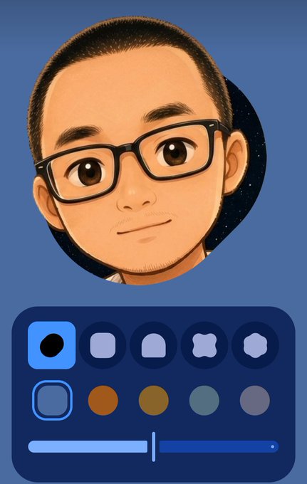 A digital avatar creation interface showing an illustrated portrait of a man with glasses and short hair on a starry blue circular background, with color and shape customization tools below.