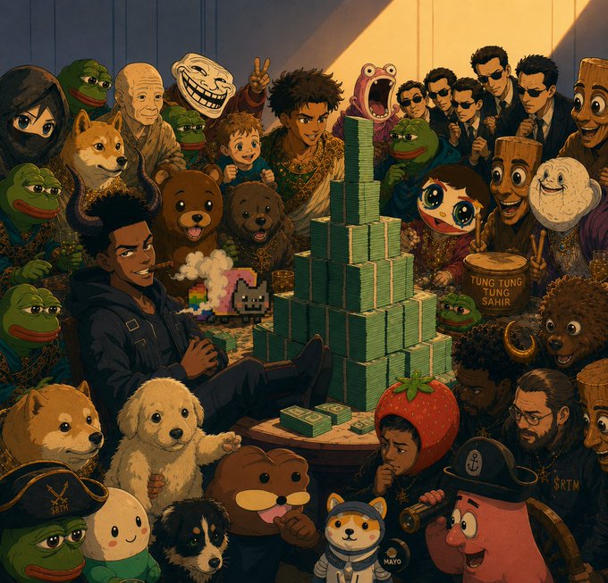 A densely packed, detailed illustration showing numerous internet meme characters, doge, Pepe frogs, and people gathered around a large pyramid of stacked money in a dimly lit room.