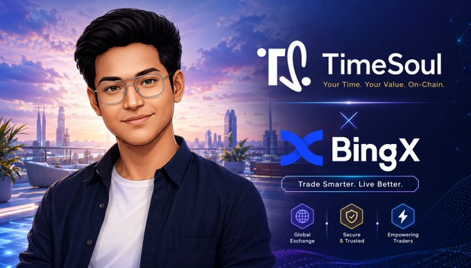 A promotional graphic featuring a young man with glasses alongside logos for TimeSoul ('Your Time. Your Value. On-Chain.') and BingX ('Trade Smarter. Live Better.'), with icons for Global Exchange, Secure & Trusted, and Empowering Traders.