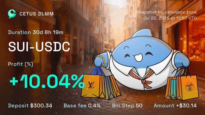 Cetus DLMM snapshot showing a +10.04% profit on a SUI-USDC position (Deposit $300.34, Amount +$30.14, Duration 30d 8h 19m) with a cartoon whale mascot holding shopping bags.