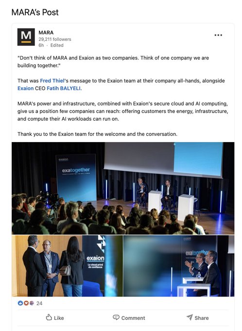 LinkedIn post from MARA featuring a quote from CEO Fred Thiel about uniting MARA and Exaion, accompanied by photos from an 'exaiotogether' company event.