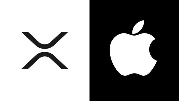 The image shows the XRP logo (a black "X" on white) alongside the Apple logo (white apple on black). It relates to the rumor about Apple potentially announcing a $3.5 billion XRP purchase.