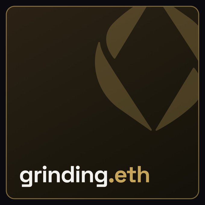 A dark square logo with gold trim displays a stylized geometric emblem and the text "grinding.eth" at the bottom.