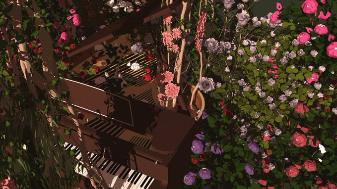 A grand piano nestled among an abundant garden of pink, red, and lavender roses, with soft sunlight filtering through the blooms and casting shadows across the keys and sheet music stand. This dreamlike scene visually echoes the romantic, floral theme of the NFT artwork "Symphony of Roses," now available on TransientLabs.