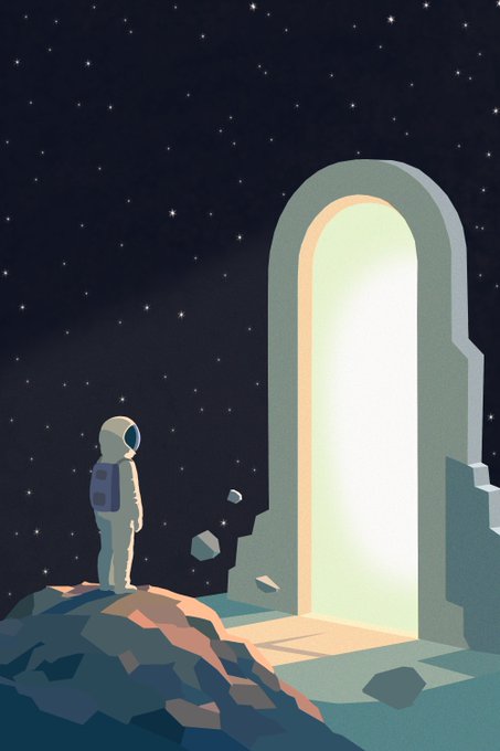 An illustrated scene of an astronaut standing before a glowing arched doorway on a rocky surface under a starry night sky.