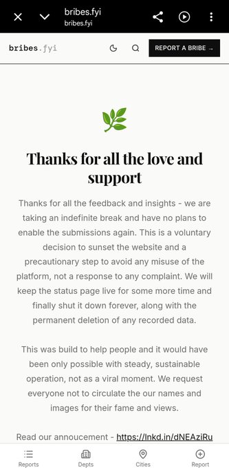 A mobile screenshot of the website 'bribes.fyi' showing an announcement titled 'Thanks for all the love and support,' explaining the site's indefinite shutdown and permanent data deletion.