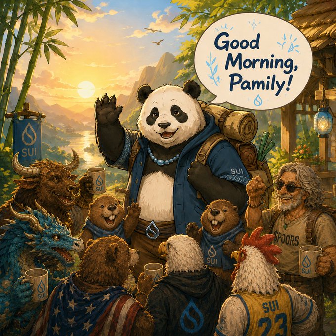 The image features a cartoon panda bear standing among other cartoon characters, including a dragon, who are gathered together for a group photo. The panda bear is wearing a backpack and appears to be waving at the camera while surrounded by his friends. In the background, there's a banner that reads "Good Morning! Family!", which suggests that this gathering could be related to a special event or celebration involving family members.

The post also mentions that the image was created by GM Pamily!, which is likely the artist responsible for the cartoon characters and their interactions in the scene.