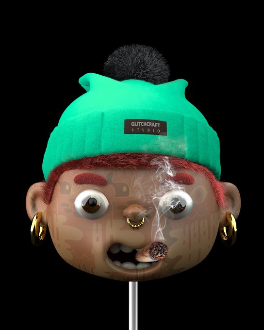 A 3D rendered character head with red hair, large googly eyes, gold earrings, and a green beanie labeled 'GLITCHCRAFT STUDIO,' shown smoking a cigar with smoke trailing upward.