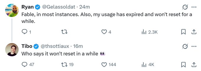 A Twitter/X exchange where user Ryan (@GeLassoIdat) says usage won't reset for a while, and Tibo (@thsottiaux) questions who says that.