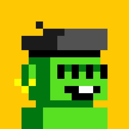 A pixelated illustration of a green character with a large black cap and a wide grin on a yellow background.