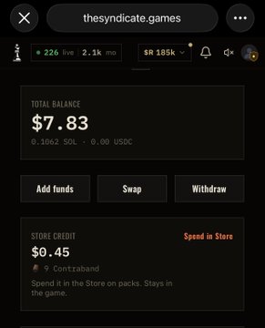 A mobile web browser displaying a crypto wallet interface for thesyndicate.games showing a Total Balance of $7.83 (0.1062 SOL) and $0.45 in store credit, with a live viewer count of 226.