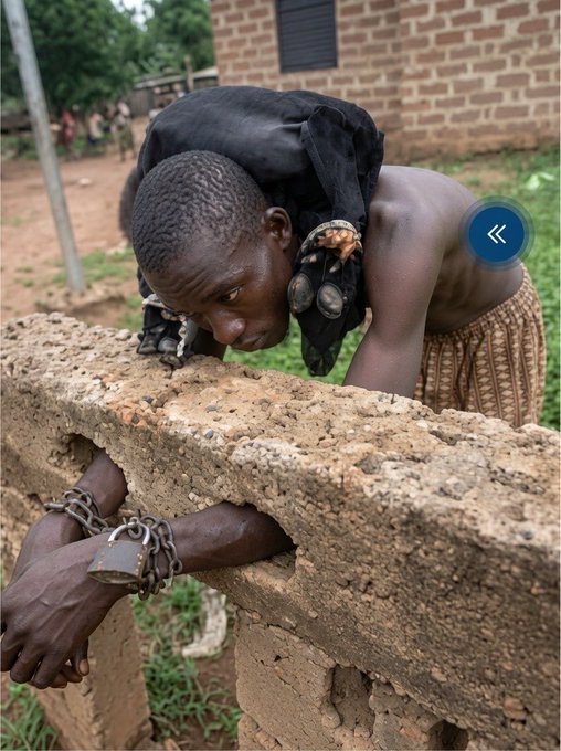 A photograph of a young man in a rural setting, bent over a mud-brick wall with his wrist shackled in a metal chain and padlock, with children visible in the background.
