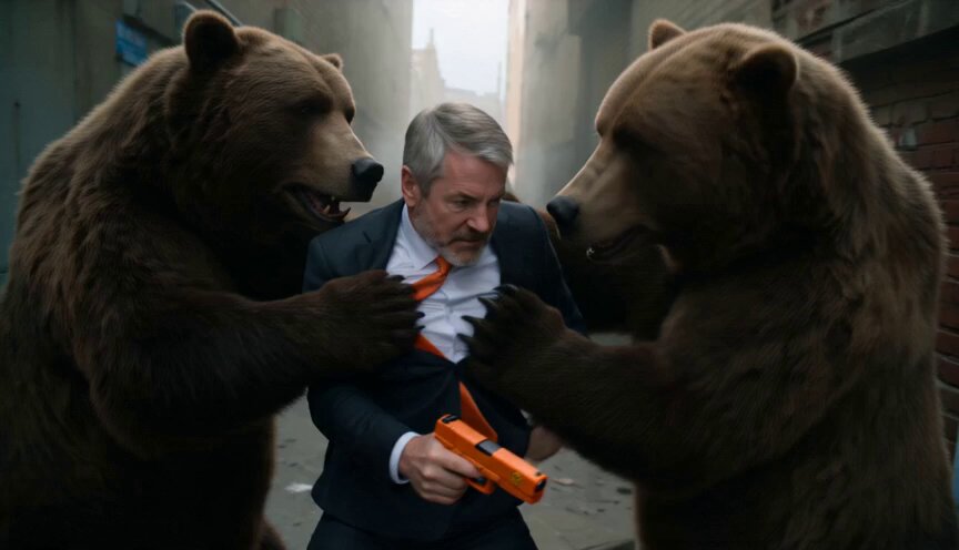 The scene depicts a man dressed in a suit standing between two large brown bears who are fighting each other over an orange object (a gun). The man appears determined as he faces off against the bears, with his attention solely focused on the task at hand. He has been engaged in this confrontation for quite some time and seems to be making no effort to back down from it. While it is unclear if the bears will eventually lose interest or continue their struggle, one can sense a strong sense of energy and drive that is characteristic of Chad's character. The image may be related to a story or an advertisement featuring this man and bears, but its primary focus remains on showcasing the intensity of the situation between the two animals as they fight over the orange object.
