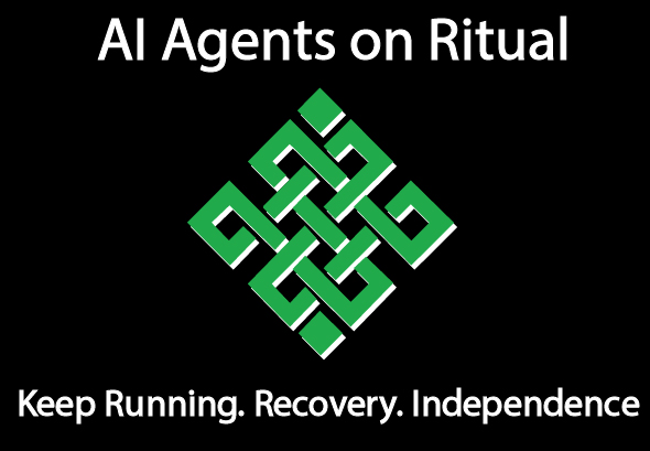 The image displays a black background with the white text "AI Agents on Ritual" at the top, a green Celtic-knot-style logo in the center, and the tagline "Keep Running. Recovery. Independence" at the bottom. The tagline visually reinforces the post's message about Ritual's blockchain-embedded AI agents persisting independently of their developers, emphasizing reliability and autonomy as key differentiators.