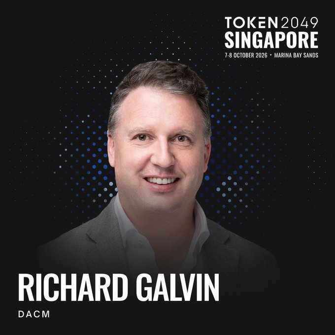 A promotional poster for 'TOKEN2049 SINGAPORE' (7-8 October 2026, Marina Bay Sands) featuring a headshot of 'RICHARD GALVIN' from DACM.
