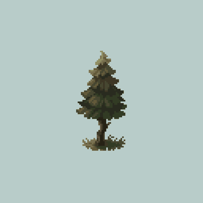 A pixel art rendering of a solitary green pine tree with a brown trunk, set against a plain light blue background.