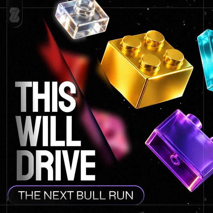 The image features bold text reading "THIS WILL DRIVE THE NEXT BULL RUN" against a dark, cosmic background with floating translucent building blocks in silver, gold, blue, and purple—symbolizing real, tangible value in Web3 rather than speculative tokens. This visual reinforces the post's message that substantive Web3 businesses with genuine utility (like Dash) will drive the next crypto cycle, not mere tokens propped up by incentives.