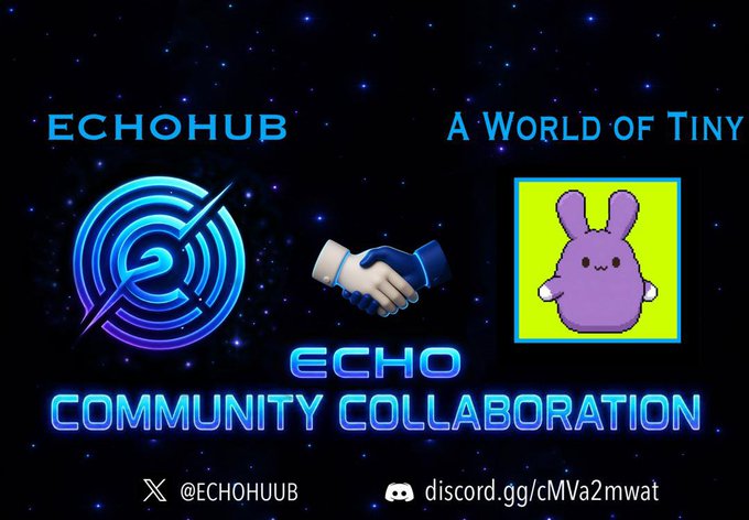 A promotional graphic for ECHOHUB with a neon blue logo and handshake icon next to 'A WORLD OF TINY' and a pink bunny, with text reading 'ECHO COMMUNITY COLLABORATION' and social links for X (@ECHOHUUB) and Discord.