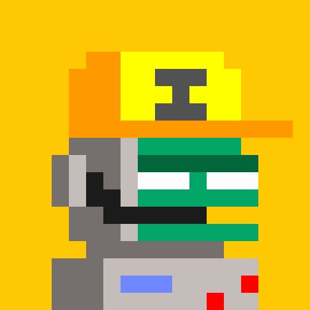 A pixel art illustration of a green-skinned character wearing a yellow and orange cap with the letter 'H' on it, set against an orange background.
