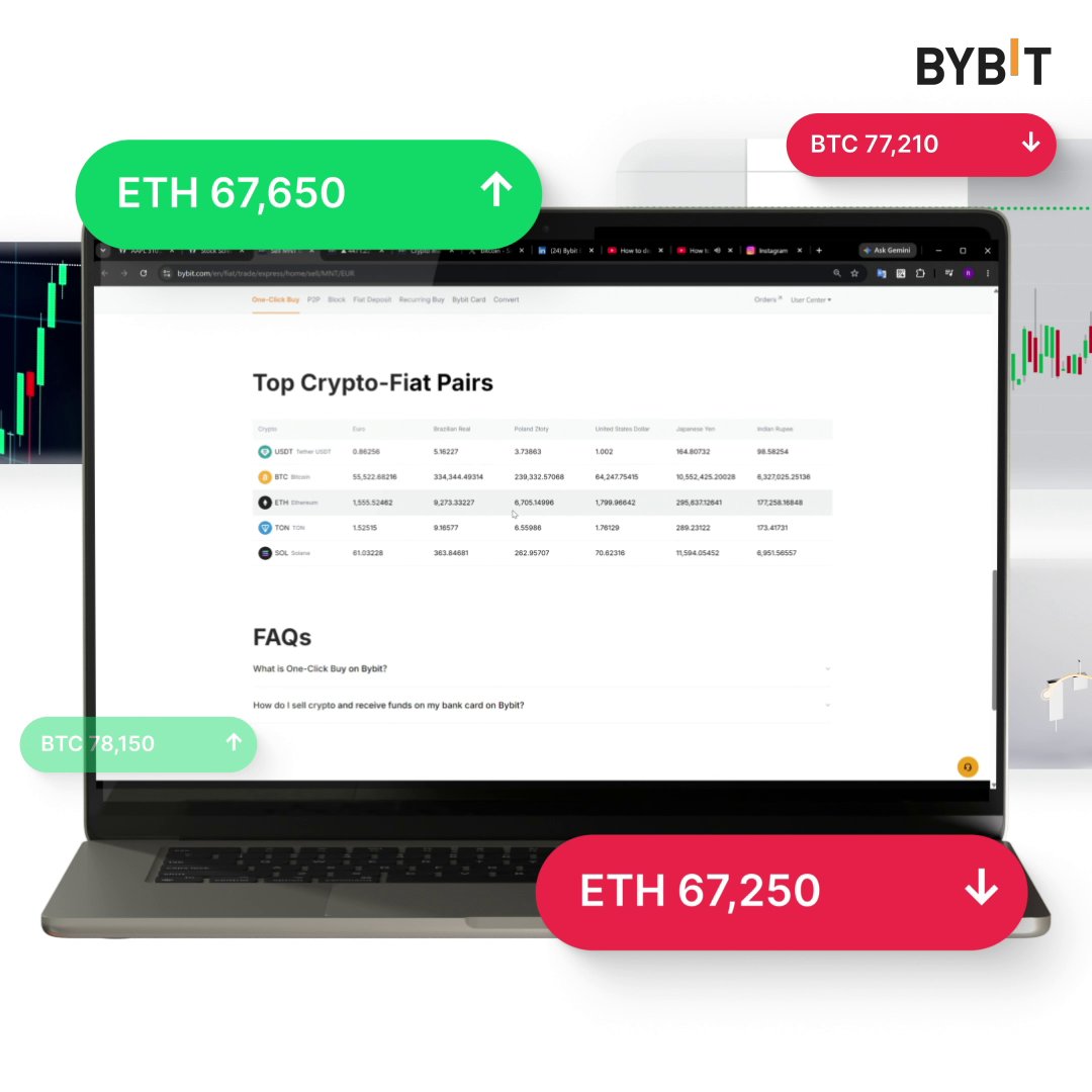 The image is an advertisement for the trading platform Bybit, showcasing a laptop with a computer screen displaying information about top crypto-flat pairs of Bitcoin prices. The text on the screen indicates that "Top Crypto-Flats" are shown for various cryptocurrency pairs like Bitcoin and Ether. In addition to the prices displayed, there is another chart indicating that the Ether price has dropped by 67.25 Bitcoin points. The image also highlights a feature called the Floating Trade Panel, which can be accessed on Bybit Web to monitor positions, research market trends, and place orders across multiple webpages, all in one panel. The post encourages users to stop tabbing and start trading with this Floating Trade Panel platform immediately.