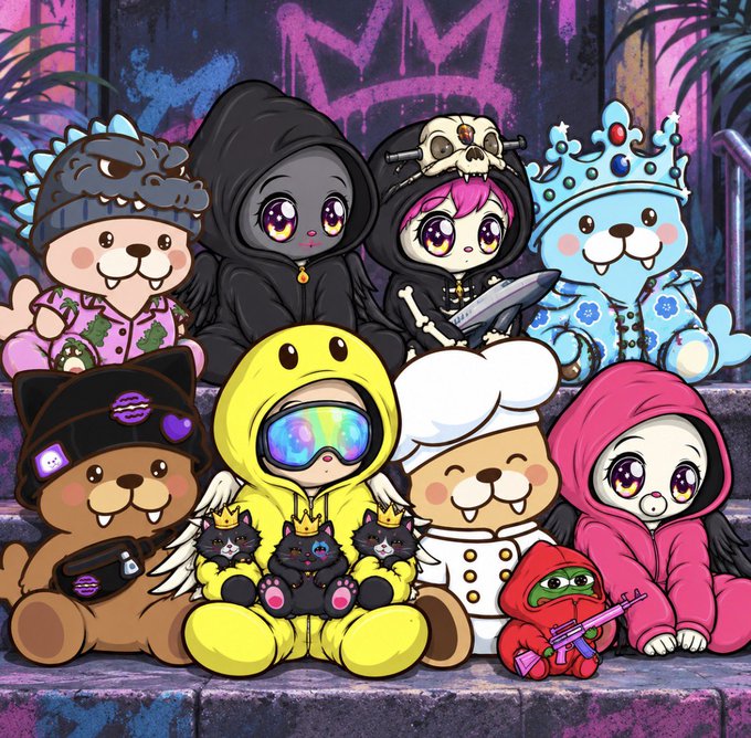 A vibrant cartoon illustration of various chibi-style hooded characters and animals, including bears, cats, and a grim reaper, posed together in front of a purple graffiti wall.