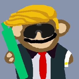 A pixel art illustration of a monkey character with blonde hair and sunglasses wearing a vest and red tie, holding a green lightsaber.