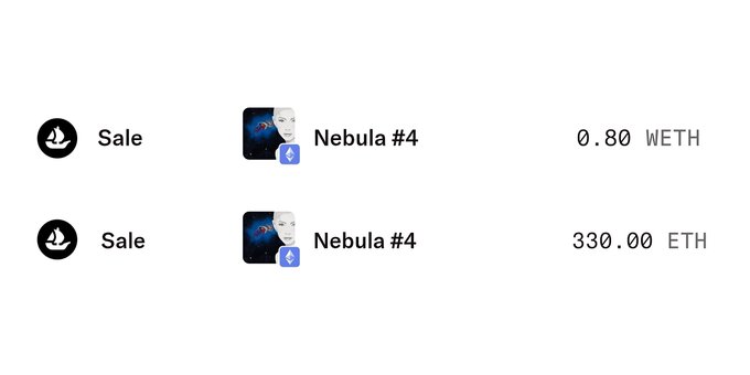 A digital interface shows two sale listings for 'Nebula #4', priced at '0.80 WETH' and '330.00 ETH'.