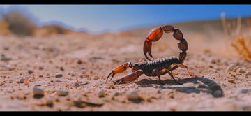 A close-up photograph of a scorpion in a defensive stance on sandy, rocky desert ground under a clear blue sky.