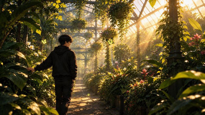 A young man in a black hoodie walks down a sunlit path through a lush greenhouse filled with tropical plants and hanging flower baskets.