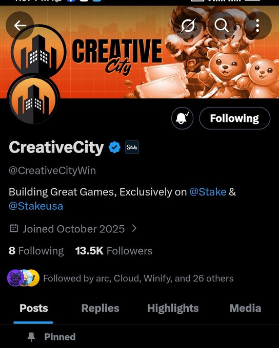 A Twitter/X profile for 'CreativeCity' (@CreativeCityWin) with 13.5K followers, describing itself as 'Building Great Games, Exclusively on @Stake & @Stakeusa'.