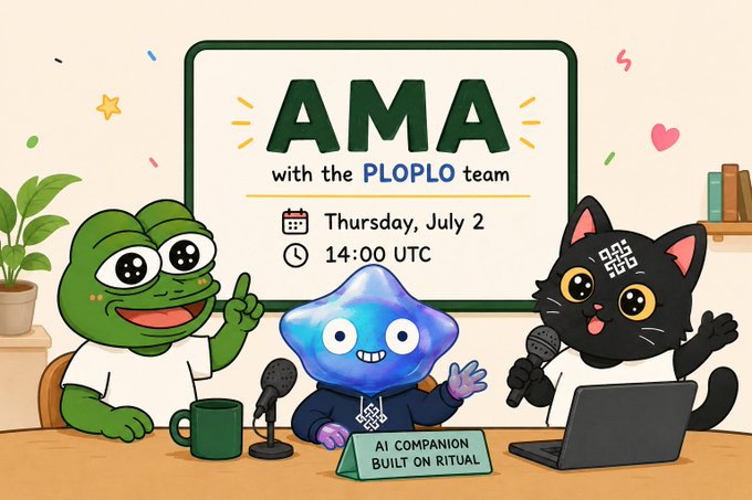 A cartoon-style promotional poster for an "AMA with the PLOPLO team" on Thursday, July 2 at 14:00 UTC, featuring a frog, a blue blob, and a black cat with microphones, labeled "AI COMPANION BUILT ON RITUAL."