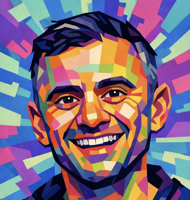 A vibrant, colorful pop-art style portrait of a smiling man with short dark hair, rendered in geometric shapes of multiple bright colors.