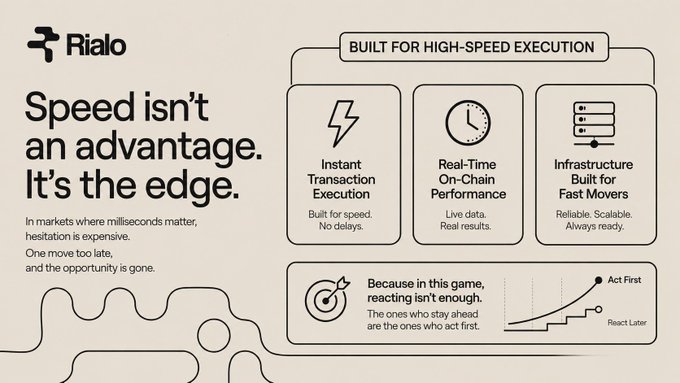 The image features a poster with an explanation about Rialo's platform which has been described as built for high-speed execution of transactions and real-time performance. The poster includes a black and white design, along with text explaining what Rialo is capable of and how it can help in markets where fast execution is crucial. One sentence on the poster states that the platform allows for instant transaction execution without any hesitation to move or process data which may cost market participants a significant amount of time if they make even one mistake.