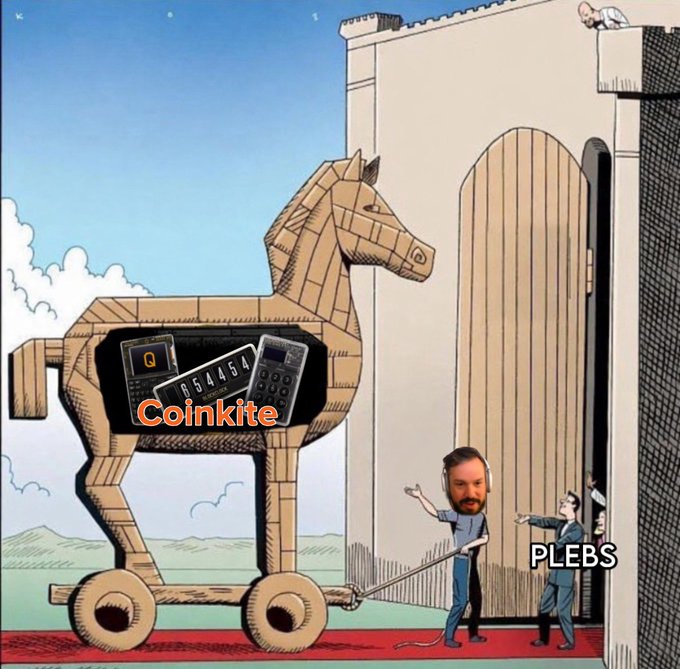 This meme uses the imagery of the Trojan Horse to represent "Coinkite" (containing a calculator displaying "54454") as a deceptive gift being brought into a city of "PLEBS." In the context of the post "Yep," it implies that Coinkite is a clever or fraudulent scheme designed to infiltrate and trick unsuspecting retail investors.