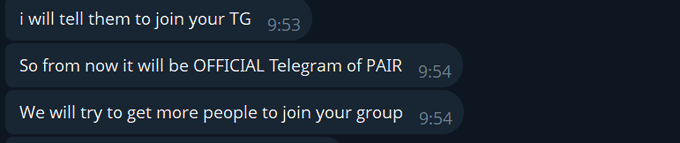 A Telegram chat screenshot shows three messages timestamped at 9:53 and 9:54, where an admin writes: "i will tell them to join your TG," "So from now it will be OFFICIAL Telegram of PAIR," and "We will try to get more people to join your group." The image illustrates the post's announcement that the official PAIR (@pairdotfund) team will be joining and administering the Telegram community.