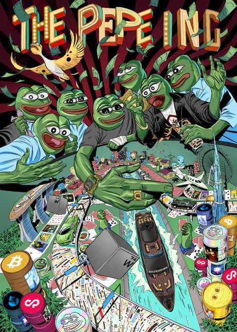 A vibrant poster titled 'THE PEPE ING' depicts multiple Pepe the Frog characters in various costumes (suits, gangster, astronaut) interacting with cryptocurrency coins and a city map.
