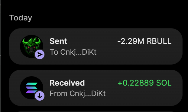 A transaction history screen displays a sent transaction of -2.29M RBULL and a received transaction of +0.22889 SOL to and from the address "Cnkj...DiKt," confirming the completion of the 2.29M $RBULL purchase for 0.22889 SOL as advertised in the post.