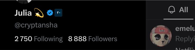 A Twitter profile screenshot shows user "Julia" (@cryptansha) celebrating reaching 8,888 followers, with the number visually matching the lucky number in the caption about undervalued work despite milestone achievements.