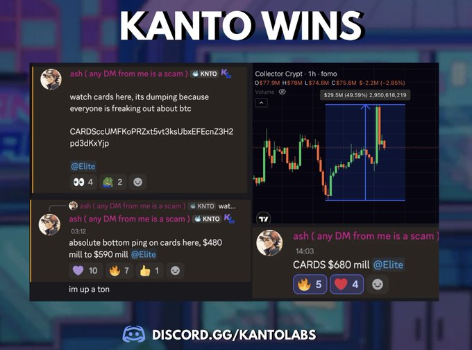 A screenshot of Discord messages showing a user in the "KNTO" server correctly calling the bottom on the Collector Crypt (CARDS) token at $480M market cap, followed by a price chart showing the bounce to $680M before a sharp drop, with the caption "KANTO WINS" displayed prominently above. The image promotes the Kanto Labs Discord (discord.gg/kantolabs) as proof of a successful trade call.