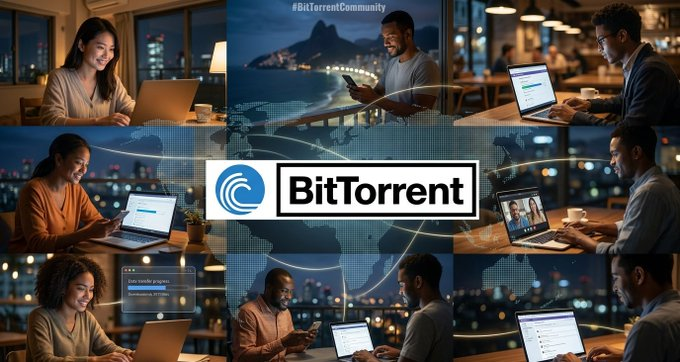 The image features the BitTorrent logo and "#BitTorrentCommunity" branding at the center, surrounded by a collage of diverse people using laptops, smartphones, and computers in various nighttime settings with a world map background, symbolizing a global user base.

The post discusses BTTC Bridge's improved record display and filtering features, which connects to the image by visually representing a worldwide community of BitTorrent users who can efficiently search through their cross-chain transaction history—matching the post's theme of helping users quickly locate relevant entries within their trading records.