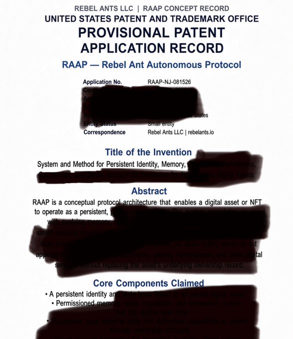 A 'PROVISIONAL PATENT APPLICATION RECORD' from the United States Patent and Trademark Office for 'RAAP — Rebel Ant Autonomous Protocol' by Rebel Ants LLC (RAAP-NJ-081526), with portions redacted.