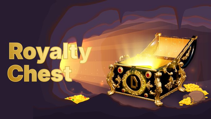 A digital illustration titled 'Royalty Chest' showing an ornate golden treasure chest glowing with light, surrounded by gold coins and jewelry against a purple cave background.