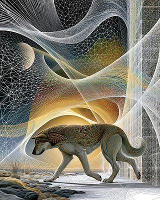 A surreal digital illustration of a dog with ornate, patterned skin walking through an ethereal environment filled with flowing, web-like drapery and celestial spheres.